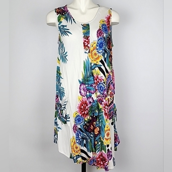 Papa  Vancouver White Multi Floral Sleeveless Round Neck Asymetrical Dress Small - Picture 1 of 16